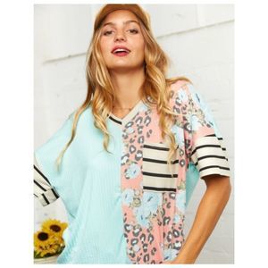 Mint V-Neck Stripe Floral Animal Print Color Block Top